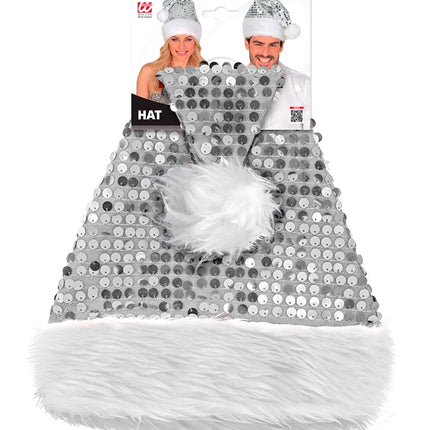 WEIHNACHTSMANNMÜTZE PLÜSCH UND PAILLETTEN SILBER