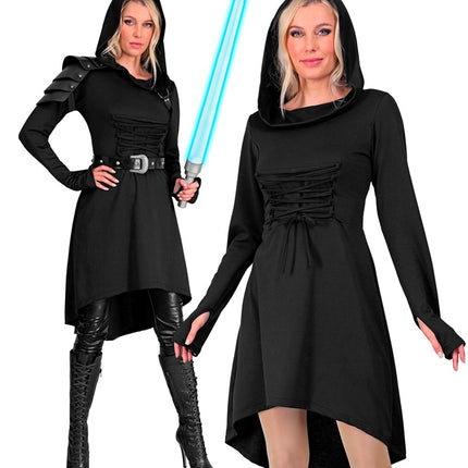 Mittelalterliches Gothic-Kleid schwarz mit Kapuze