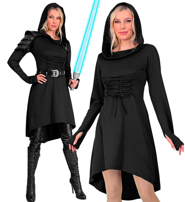 Mittelalterliches Gothic-Kleid schwarz mit Kapuze