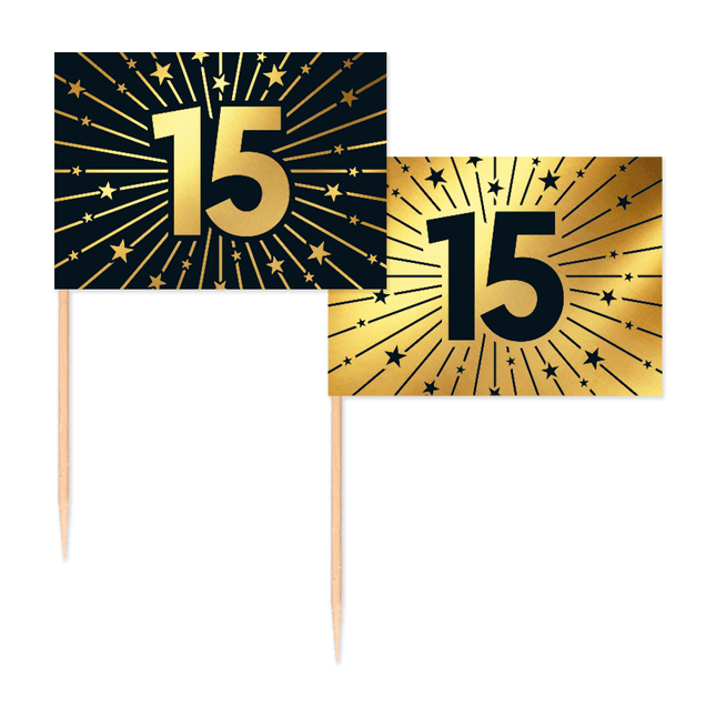 15 Jaar Cocktailprikkers Goud Zwart 50st van WeFiesta koop je bij Partywinkel
