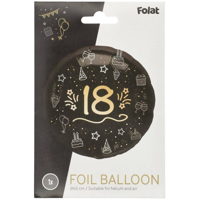 18 Jaar Helium Ballon Zwart Goud Leeg 45cm van Folat koop je bij Partywinkel