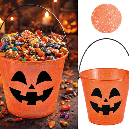 Halloween-Eimer mit orangefarbenen Glitzerpartikeln