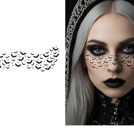 Halloween-Temporärtattoo: Schwarzes Gesicht mit Fledermaus, 16 cm