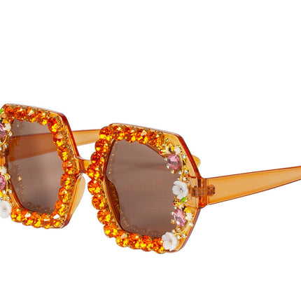 Orange Brille Strass Blumen