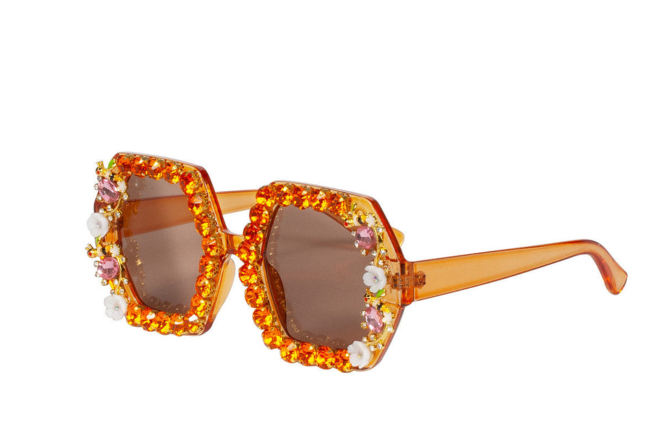 Orange Brille Strass Blumen