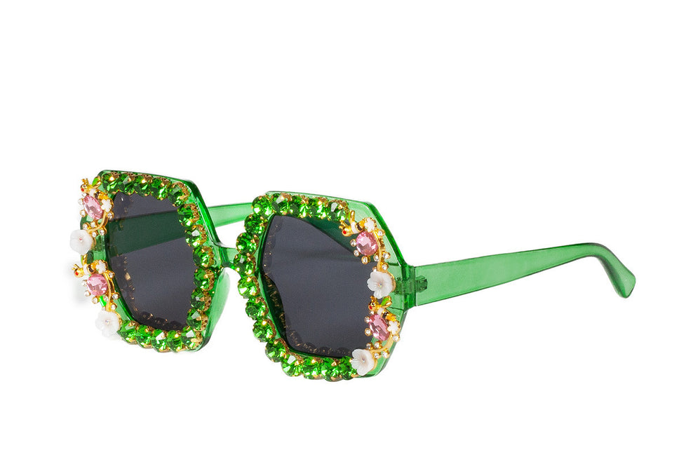 Grüne Brille Strass Blumen