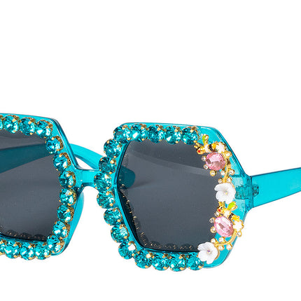 Blaue Brille Strass Blumen