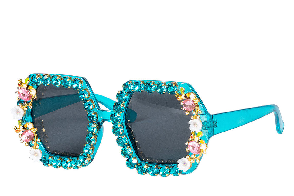 Blaue Brille Strass Blumen
