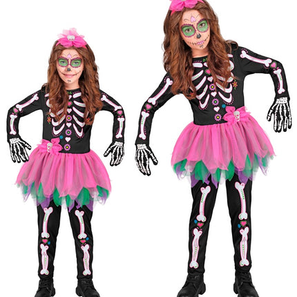 Skelett Kostüm Schwarz Rosa Kind