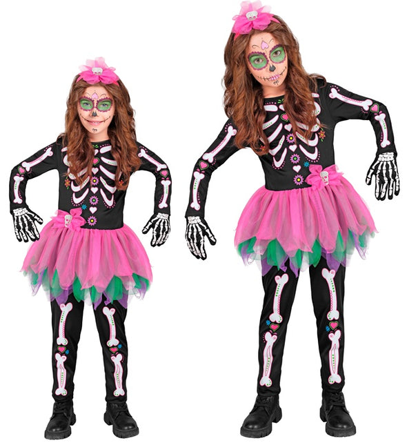 Skelett Kostüm Schwarz Rosa Kind