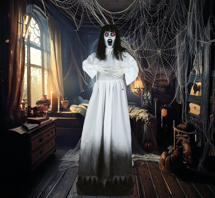 Halloween Puppe Zombie Frau mit Licht, Ton und Bewegung 1,8m