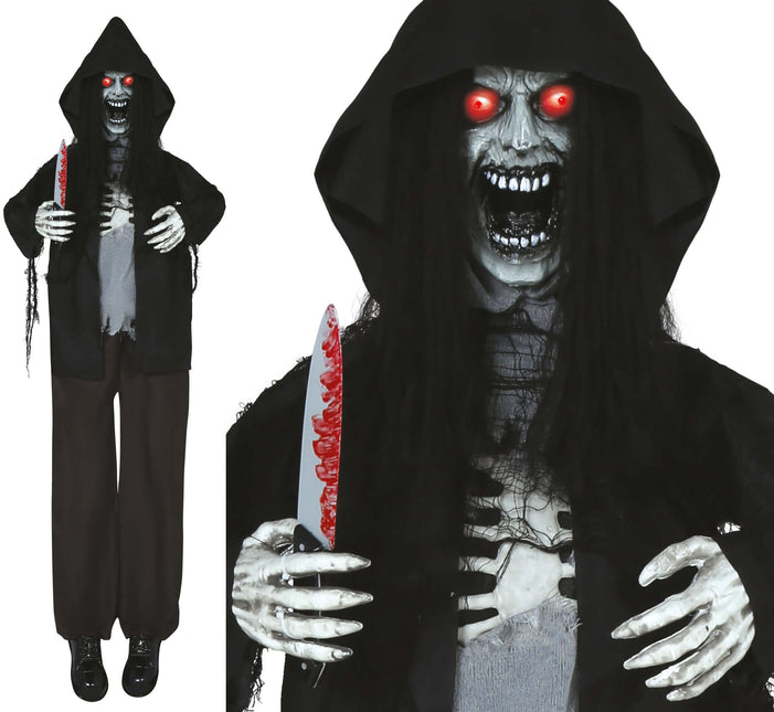 Halloween Puppe Skelett mit Licht, Ton und Bewegung Schwarz 1,8m
