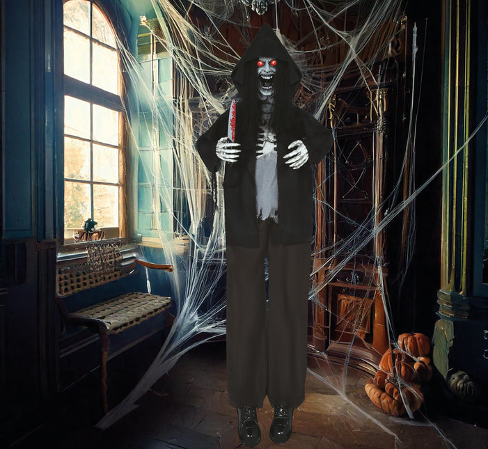 Halloween Puppe Skelett mit Licht, Ton und Bewegung Schwarz 1,8m