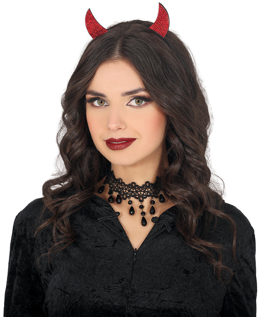 Halloween Haarband Roter Teufel mit Strasssteinen