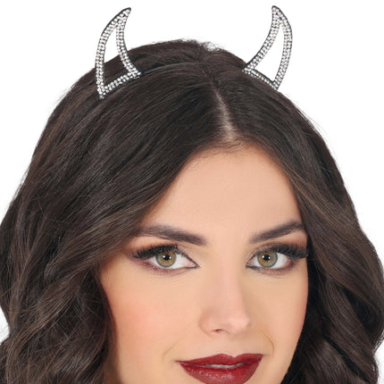 Halloween Haarband Silberner Teufel mit Strasssteinen