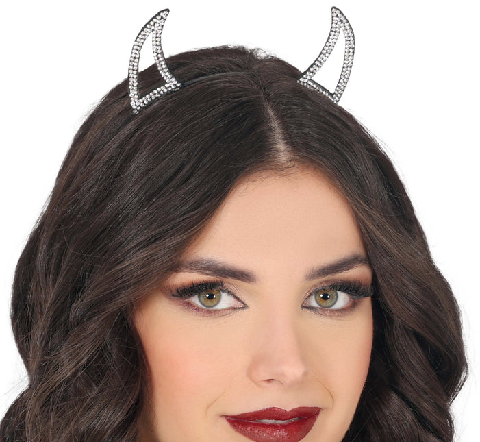 Halloween Haarband Silberner Teufel mit Strasssteinen
