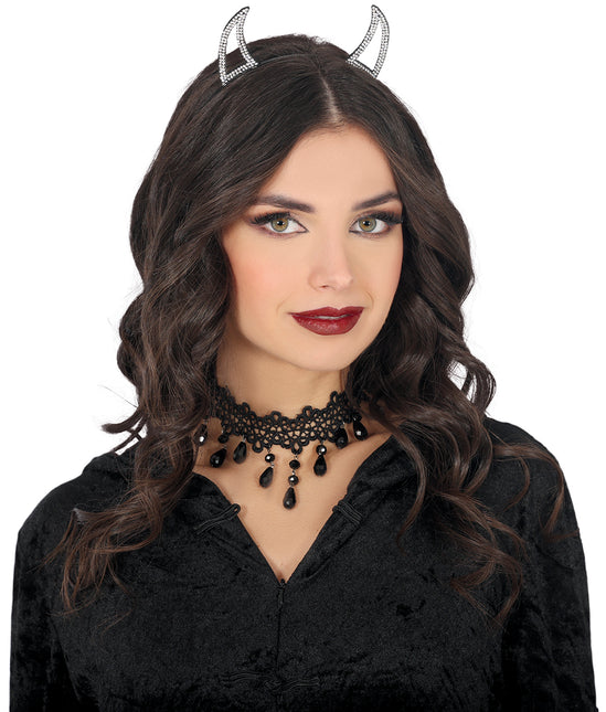Halloween Haarband Silberner Teufel mit Strasssteinen