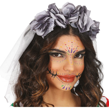 Halloween Haarband Grauer Schleier und Blumen