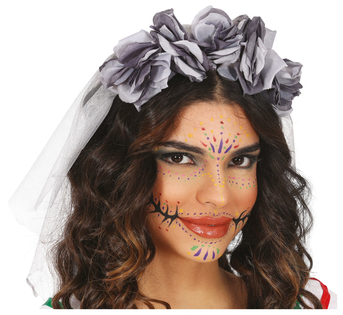 Halloween Haarband Grauer Schleier und Blumen