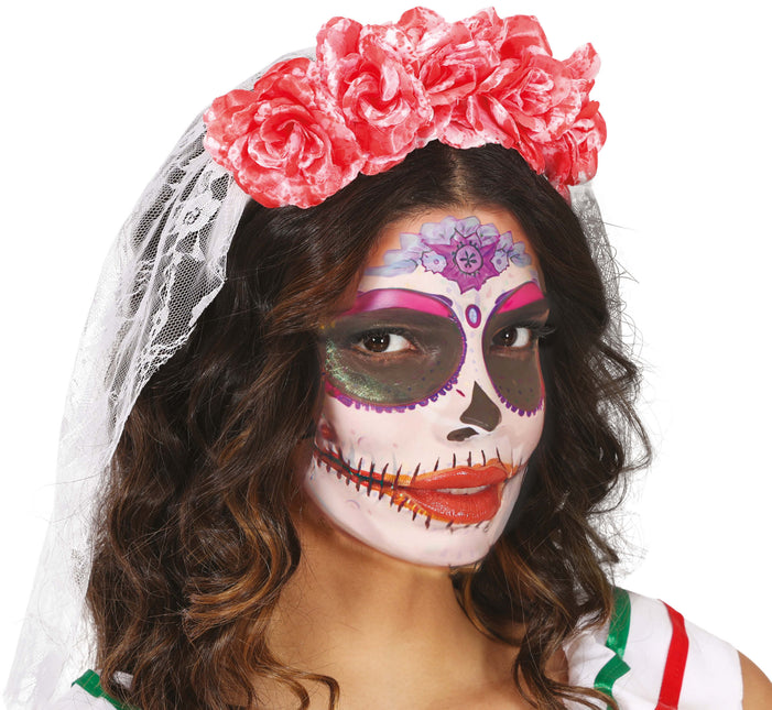 Halloween Haarband Rosa Schleier und Blumen