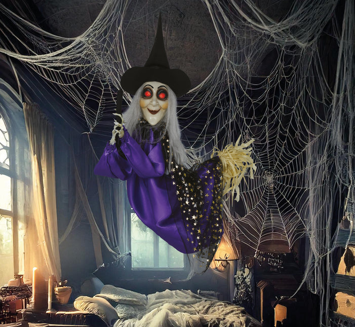 Halloween Puppe Hexe mit Licht, Sound und Bewegung 75cm