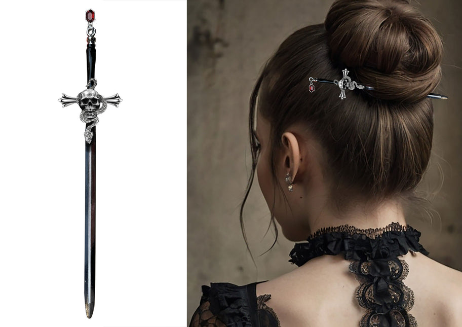 Halloween Haarnadeln Schwarz Silber Schwert 19cm