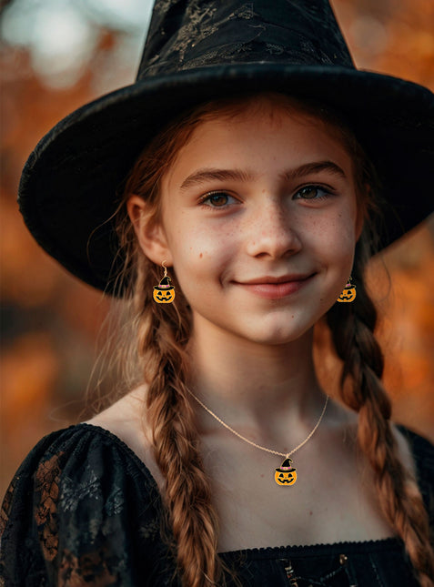 Halloween Accessoire Set Orange Halskette und Ohrringe Kürbis