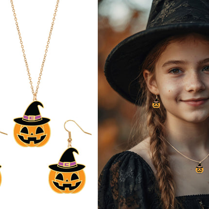 Halloween Accessoire Set Orange Halskette und Ohrringe Kürbis