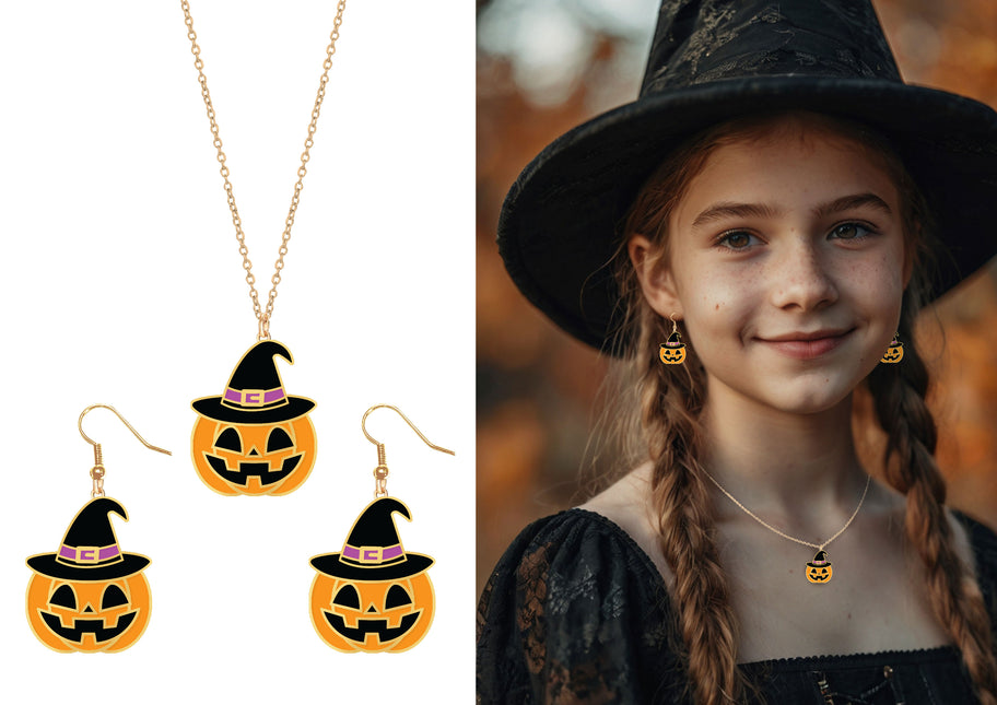 Halloween Accessoire Set Orange Halskette und Ohrringe Kürbis