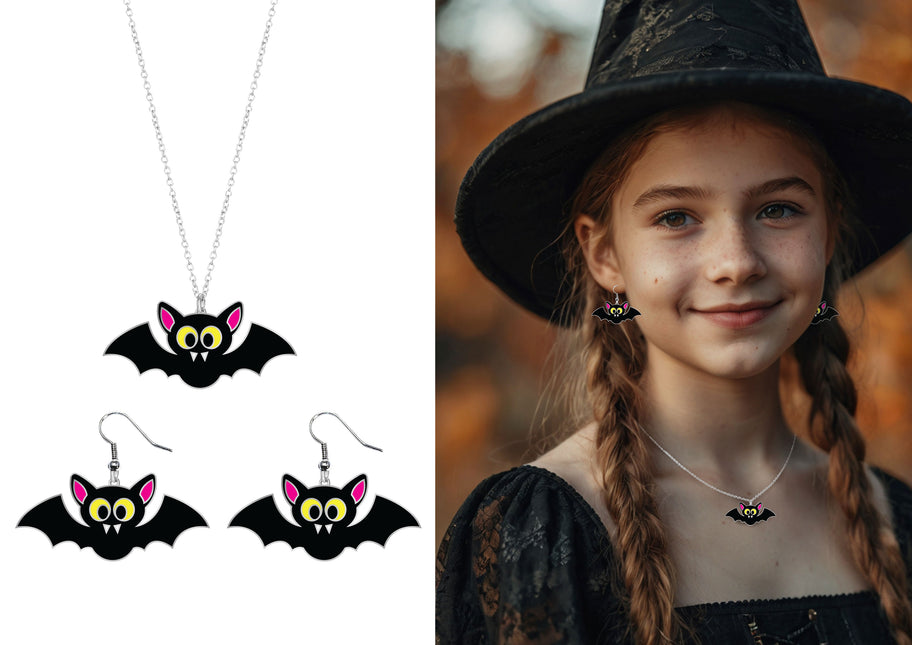 Halloween Accessoire Set Halskette und Ohrringe Fledermaus
