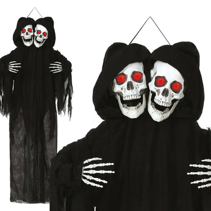 Halloween Puppe Skelett Schwarz Zwei Schädel mit Licht und Sound 1,7m