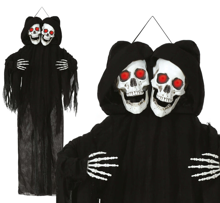 Halloween Puppe Skelett Schwarz Zwei Schädel mit Licht und Sound 1,7m