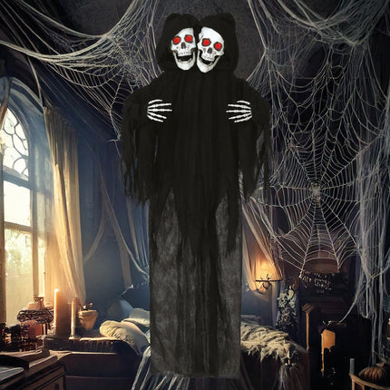Halloween Puppe Skelett Schwarz Zwei Schädel mit Licht und Sound 1,7m
