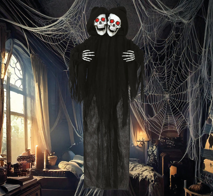 Halloween Puppe Skelett Schwarz Zwei Schädel mit Licht und Sound 1,7m
