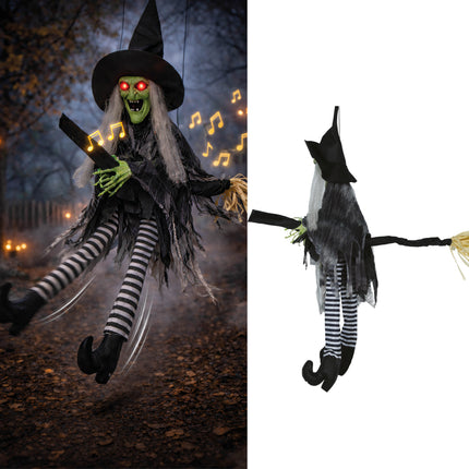 Hexenpuppe mit Besen, Licht, Sound und Bewegung, 1,10 m