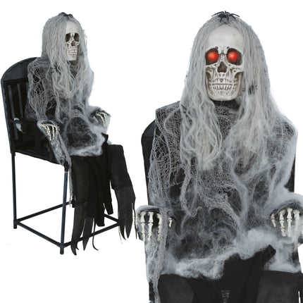 Halloween-Skelett auf einem Stuhl mit Licht, Sound und Bewegung, 1,05 m