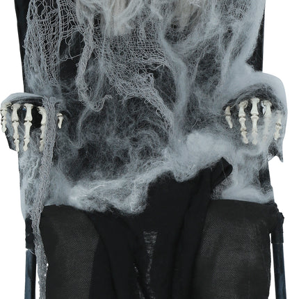 Halloween-Skelett auf einem Stuhl mit Licht, Sound und Bewegung, 1,05 m