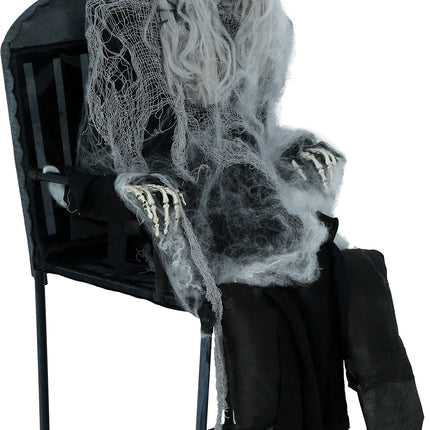 Halloween-Skelett auf einem Stuhl mit Licht, Sound und Bewegung, 1,05 m