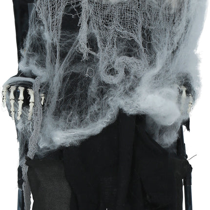 Halloween-Skelett auf einem Stuhl mit Licht, Sound und Bewegung, 1,05 m