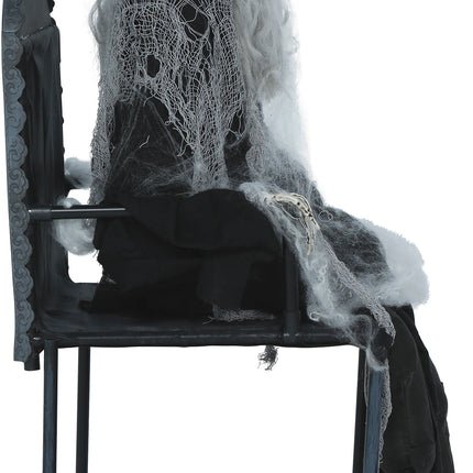 Halloween-Skelett auf einem Stuhl mit Licht, Sound und Bewegung, 1,05 m