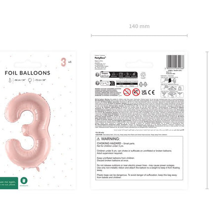 3 Jaar Cijfer Ballon Lichtroze Leeg 72cm van Partydeco koop je bij Partywinkel