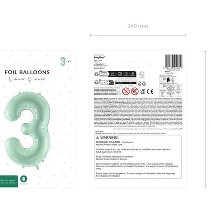 3 Jaar Cijfer Ballon Mintgroen 72cm van Partydeco koop je bij Partywinkel