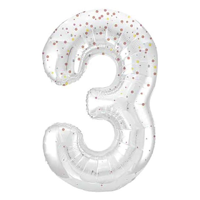 3 Jaar Cijfer Ballon Wit Stippen 86cm van Unique koop je bij Partywinkel