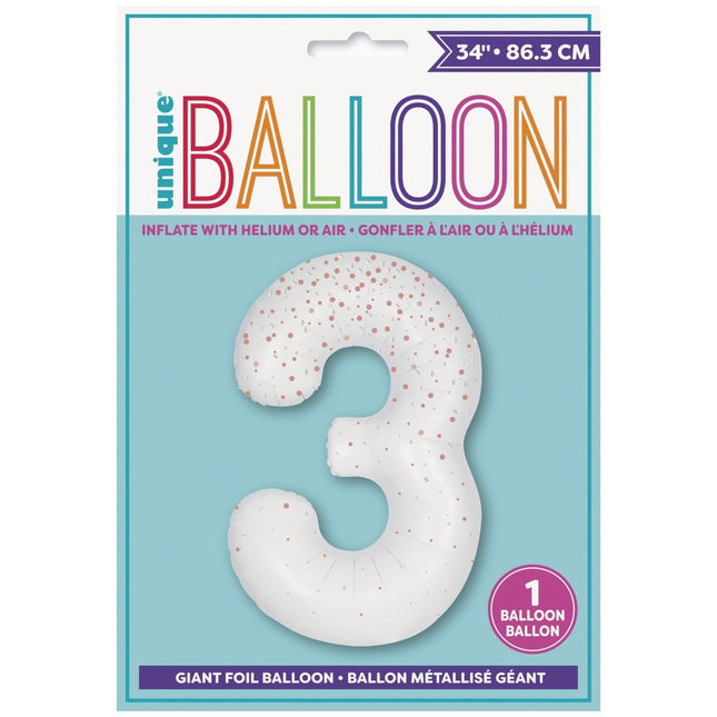 3 Jaar Cijfer Ballon Wit Stippen 86cm van Unique koop je bij Partywinkel