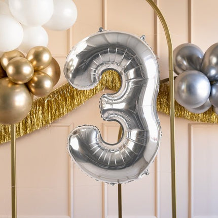 3 Jaar Cijfer Ballon Zilver Leeg 72cm van Partydeco koop je bij Partywinkel