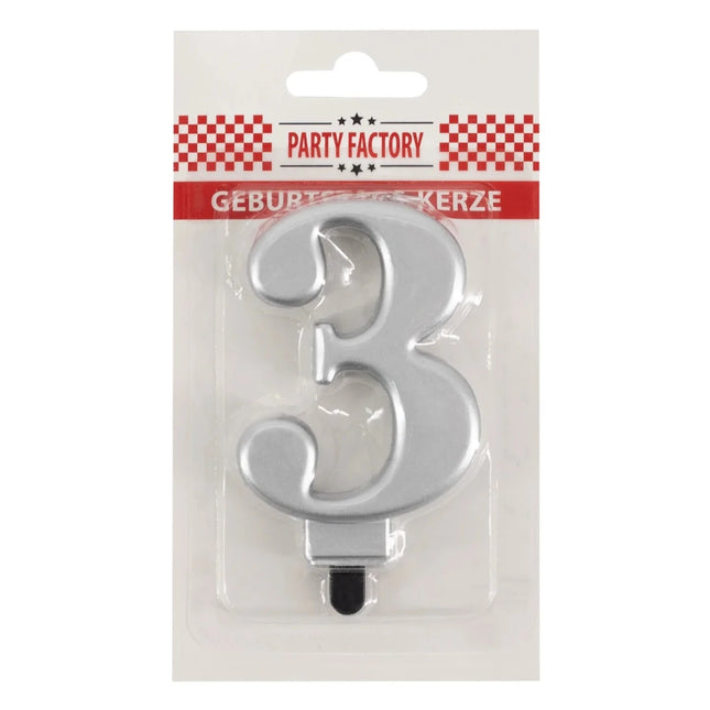 3 Jaar Kaars Zilver Metellic 7cm van VDV Benefit koop je bij Partywinkel