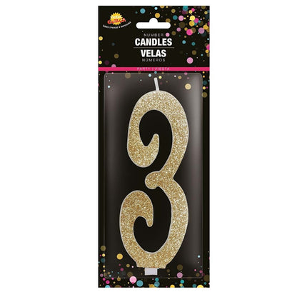 Goldene Kerze 3 Jahre Glitzer 12,5cm