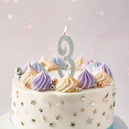 Silberne Kerze 3 Jahre Glitzer 12,5cm