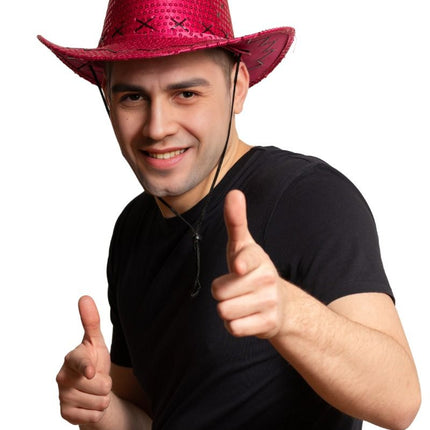 Cowboyhut Pailletten Neon Pink - 6er Pack