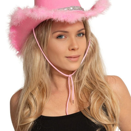 Cowboyhut Glitzer mit Fell Rosa - 6er Pack